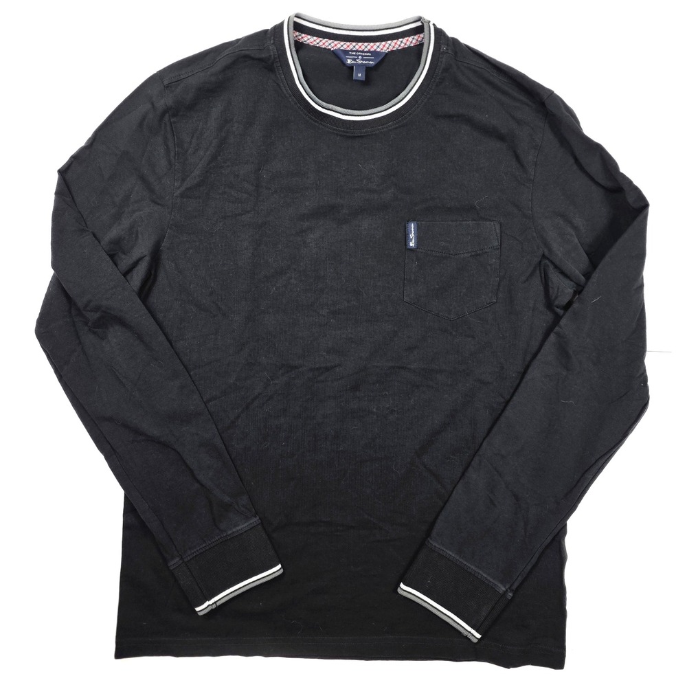 Ben Sherman Black Gray Ribbed Trim Crewneck L/Sleeve Chest‎ Pocket Shirt Men's M